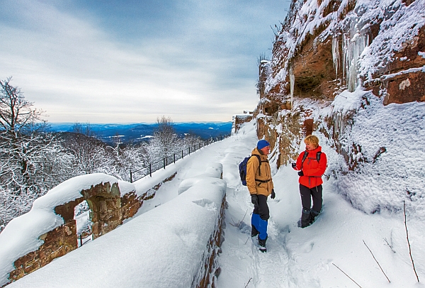 Zauberhafte Landschaften: Auch wenn die Wege und Wälder mit Schnee bedeckt sind, kommen Wanderfreunde in der WANDERarena vollends auf ihre Kosten. (Foto: epr/WANDERarena Pfälzerwald-Nordvogesen)